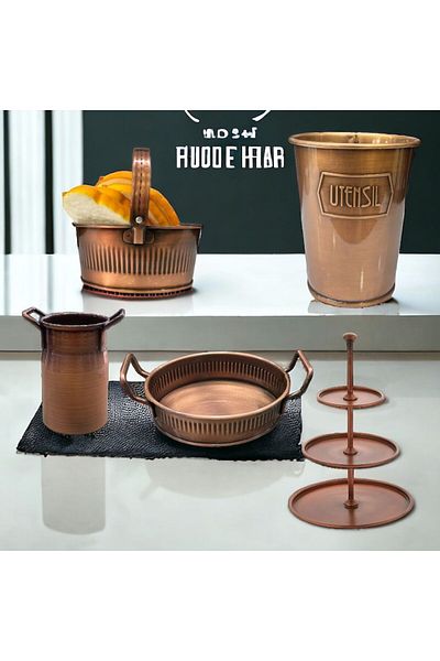 LUCKYHOMES 5 Piece Special Production - Copper Plated Kitchen Set, Spoon Holder, Bread and Presentation Tray
