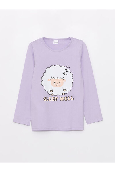 LC Waikiki LCW Kids Bisiklet Yaka Baskılı Uzun Kollu Kız Çocuk Pijama Takımı