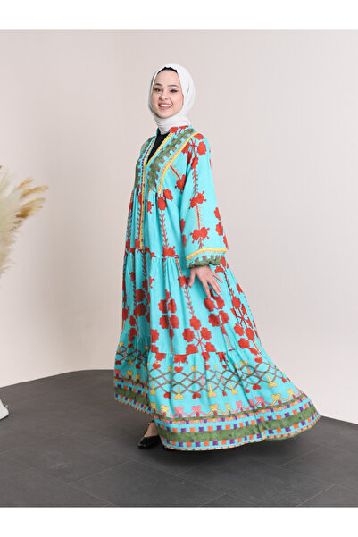 HİJABAYA Elastic Sleeve Stand Collar Half Button Viscose Dress