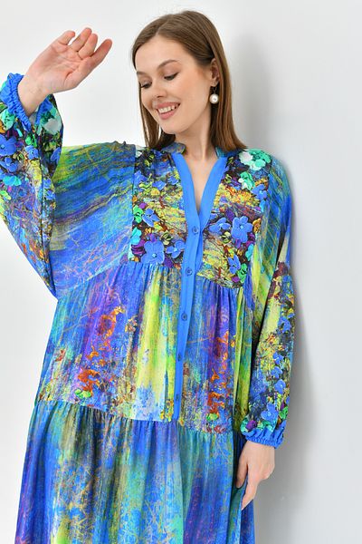 lovebox Rochie de vară, cu modele florale, cu nasturi, guler predominant, mânecă cu balon, lungime midi, croială evazată lată 036