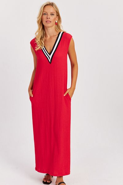 Cool & Sexy Women's Red V-Neck Blocked Maxi Dress EY2779