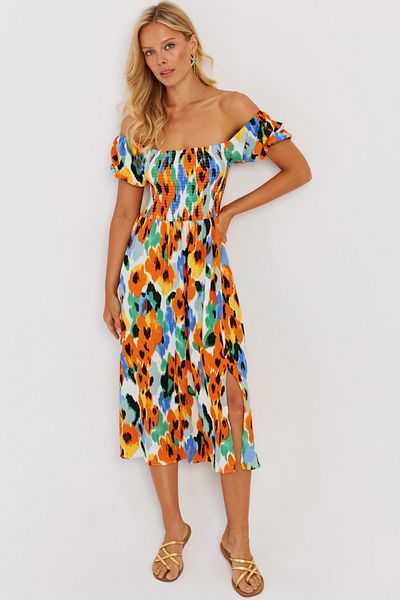 Cool & Sexy Oranges elastisches gemustertes Midikleid für Damen MON126