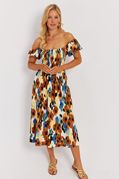 Cool & Sexy Dámské velbloudí šaty midi s elastickým vzorem MON126