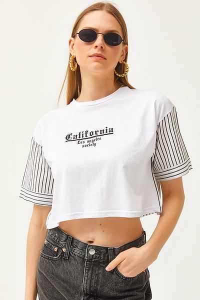 Olalook Bluză crop albă pentru femei cu mâneci și garnitură la spate BLZ-19002561