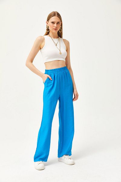 Olalook Pantaloni Palazzo Ayrobin, albastri, cu buzunare, cu talie elastică PNT-19000271