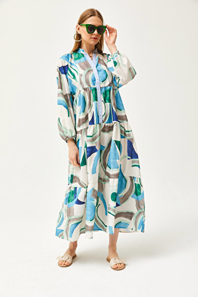 Olalook Γυναικείο φόρεμα Kupra μπλε γιακά με λεπτομερή κουμπιά, φαρδύ Maxi φόρεμα ELB-19002057