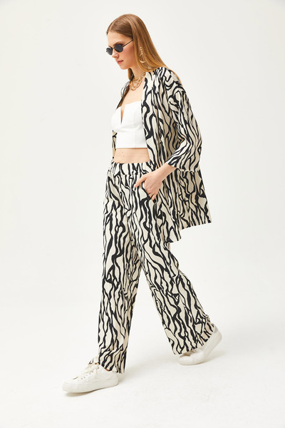 Olalook Dámská černá Top Kimono Bottom Pocket Kalhoty Set TKM-19000276