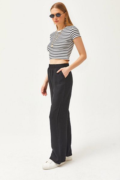 Olalook Schwarze Palazzo-Hose aus Leinen mit Taschen und elastischem Bund für Damen von Ayrobin PNT-19000271