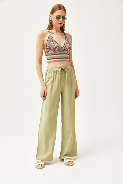 Olalook Світлі брюки палаццо хакі з еластичною талією PNT19000200