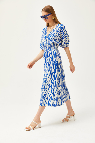 Olalook Női Saxe Blue duplasoros galléros midi ruha elasztikus derékkal ELB-19002100