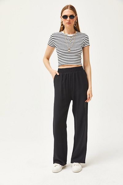 Olalook Schwarze Palazzo-Hose aus Leinen mit Taschen und elastischem Bund für Damen von Ayrobin PNT-19000271