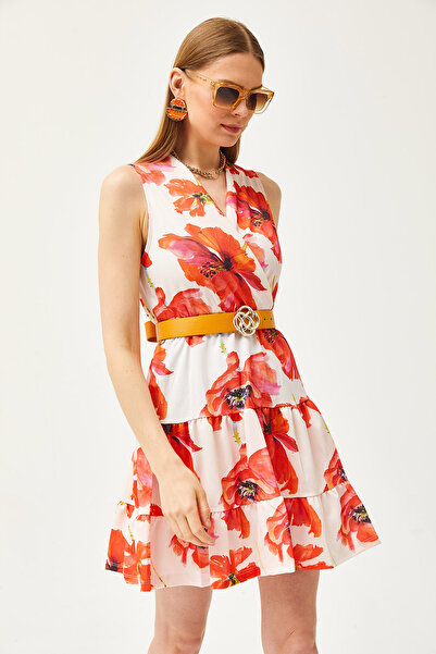 Olalook Women's Coral Floral Double Breasted Collar Elastic Waist Knitted Dress ELB-19002088