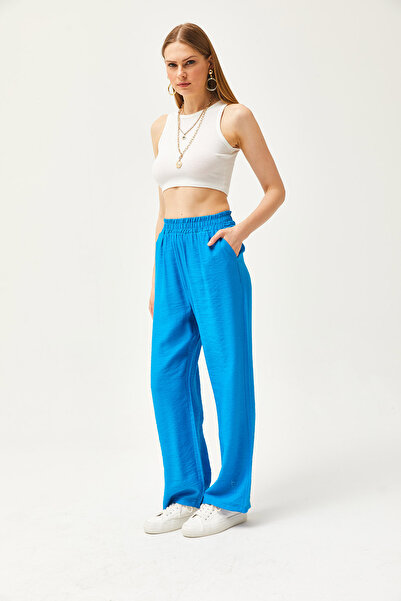 Olalook Kadın Mavi Cepli Beli Lastikli Keten Ayrobin Palazzo Pantolon PNT-19000271