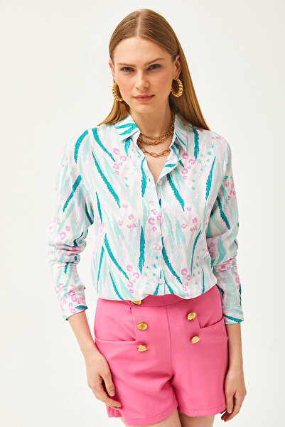 Olalook Kadın Yeşil Pembe Yaprak Desenli Dokuma Viskon Gömlek GML-19001188