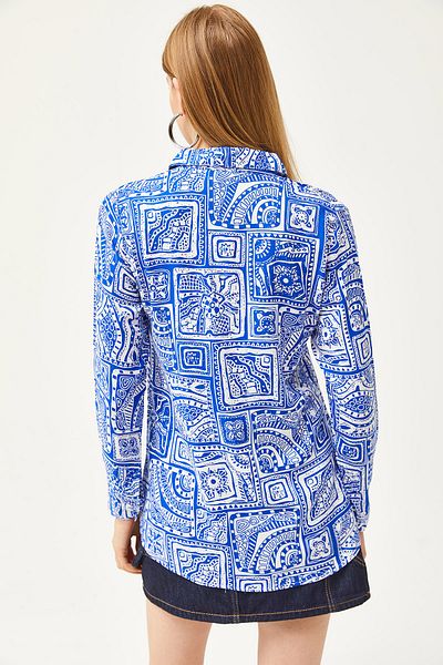 Olalook Women's Saks Blue Patch Patterned Woven Viscose Shirt GML-19001189