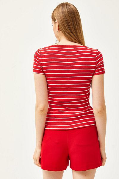 Olalook Women's Red Metal Buttoned Striped Knitted Blouse BLZ-19002562