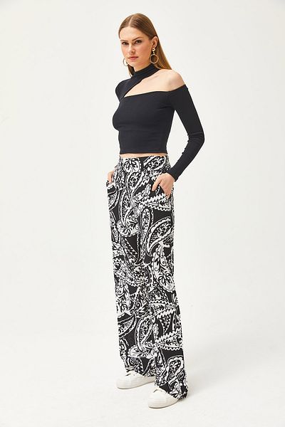 Olalook Women's Black Pocketed Front Banded Elastic Back Woven Trousers PNT-19000268
