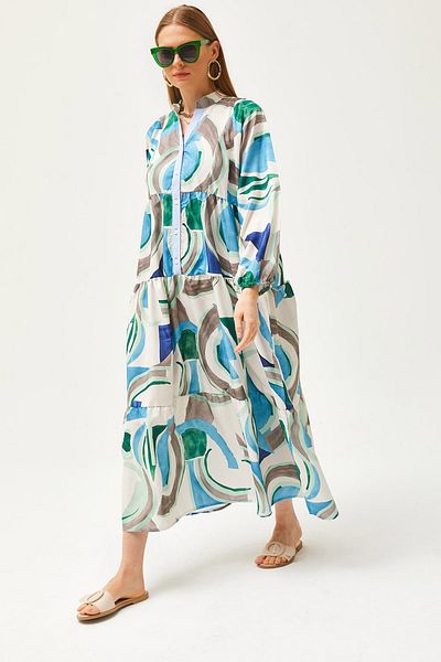 Olalook Rochie maxi cu guler albastru Kupra pentru femei, cu detaliu, cu nasturi, largi ELB-19002057
