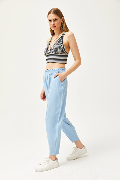 Olalook Kadın Bebe Mavi Cepli Dikiş Detaylı Keten Şalvar Pantolon PNT-19000234