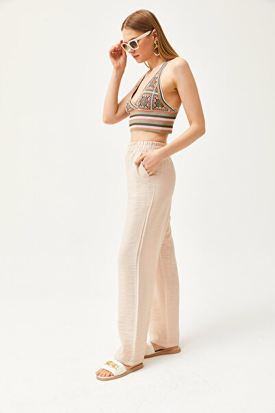 Olalook Kadın Taş Cepli Beli Lastikli Keten Ayrobin Palazzo Pantolon PNT-19000271