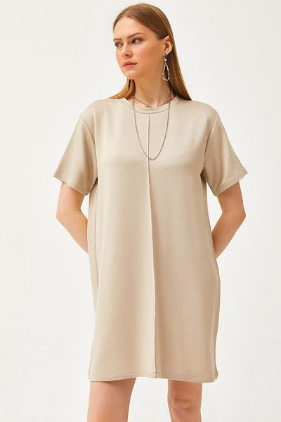Olalook Beiges Minikleid mit weicher Struktur und Steppnähten vorne für Damen ELB-19002087