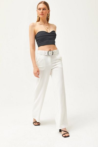 Olalook Pantaloni Palazzo din crepon scuba cu centură cu cataramă din metal alb PNT-19000208