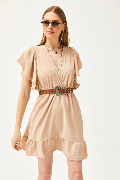 Olalook Kamelfarbenes, zweireihiges, drapiertes Minikleid mit Kragen und Ärmeln für Damen ELB-19002079