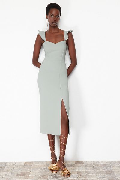 Trendyol Collection Mint Body Fitting Flounce Slit Detail Midi Woven Dress Tprss24El00134