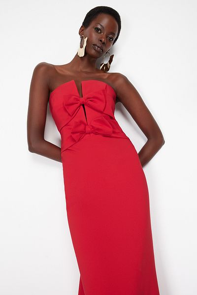 Trendyol Collection Red Bow Detail Woven Long Stylish Evening Dress Tprss24Ae00073