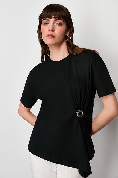 Trendyol Collection Black 100% Cotton Accessory Detailed Asymmetrical Knitted T-Shirt TWOSS24TS00090