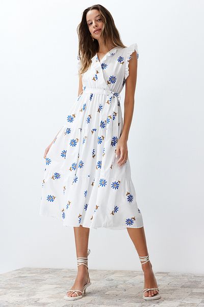 Trendyol Collection Λευκό Ζώνη Α-γραμμή Διπλό Μίντι Φόρεμα TWOSS24EL00914