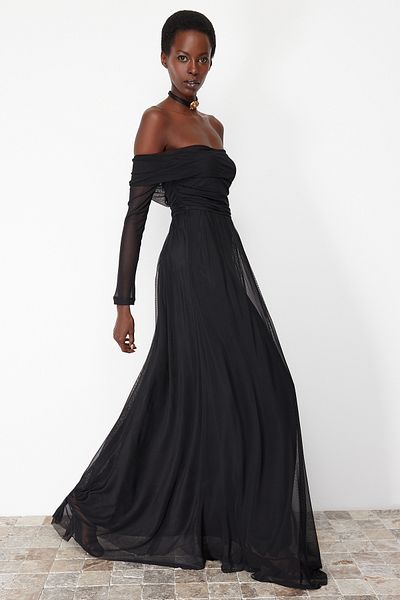 Trendyol Collection Black A-Cut Carmen Neckline Knitted Tulle Long Stylish Evening Dress Tprss24Ae00068