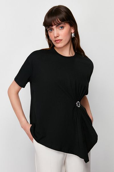 Trendyol Collection Black 100% Cotton Accessory Detailed Asymmetrical Knitted T-Shirt TWOSS24TS00090