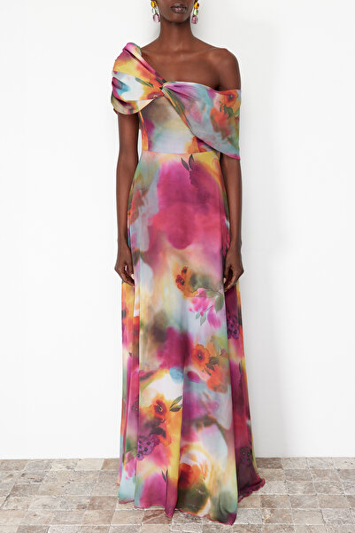 Trendyol Collection Πολύχρωμο βραδινό φόρεμα TPRSS24AE00055 με ασύμμετρο γιακά σιφόν με επένδυση σε γραμμή Α
