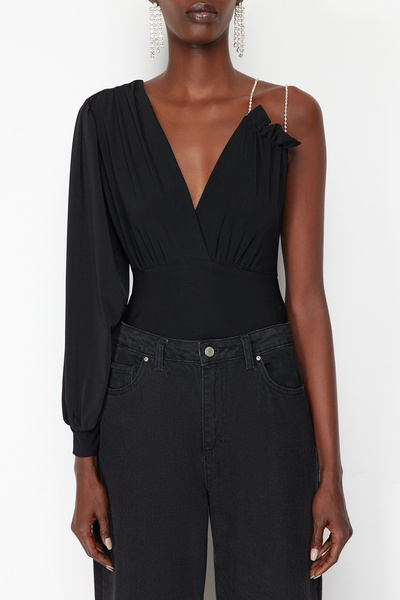 Trendyol Collection Black Double Breasted Knitted Body with Shiny Stone Detail - TPRSS24BD00015