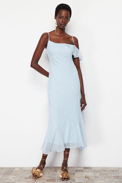 Trendyol Collection Rochie de seara eleganta din sifon albastru deschis cu detaliu volant, TPRSS24EL00076