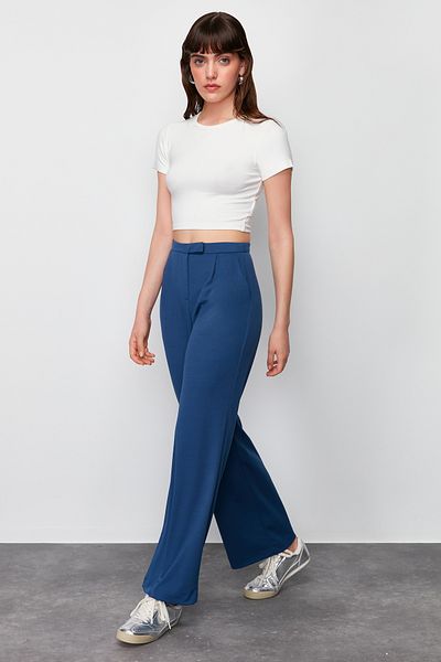 Trendyol Collection Navy Blue Velcro Closure Detailed Lycra Straight/Straight Cut Woven Trousers TWOSS24PL00113