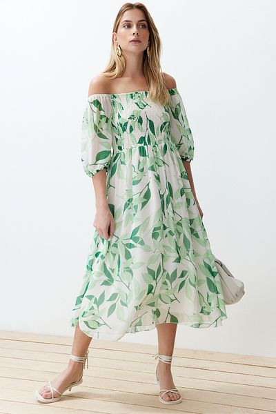Trendyol Collection Green Floral Skater Chiffon Maxi Woven Dress TWOSS24EL00840
