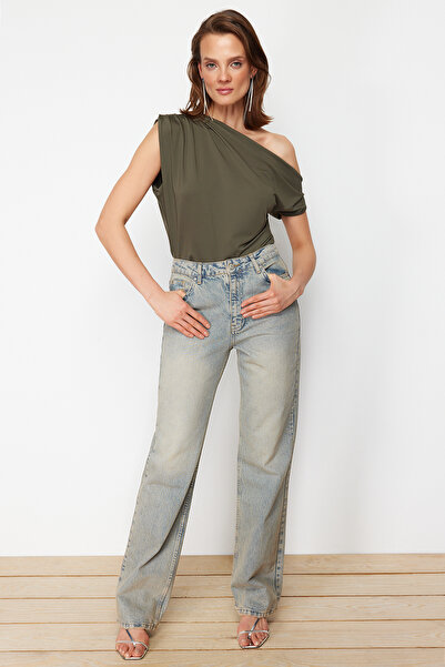 Trendyol Collection Bluzka dzianinowa Khaki Regular/Normal Pattern Asymetryczny kołnierzyk Rękaw Zero Snap Elastyczna TWOSS24BZ00396