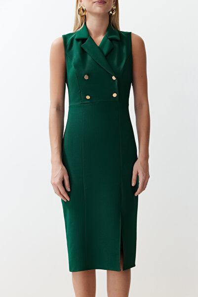 Trendyol Collection Emerald Green Midi Dress - Button Detail and Slit Pencil Skirt TWOSS23EL02256
