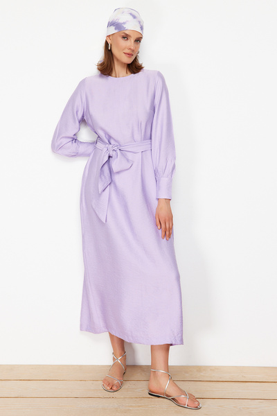 Trendyol Modest Φόρεμα λιλά με φαρδιά ζώνη με φερμουάρ, υφαντό λινό φόρεμα TCTSS23EB00219