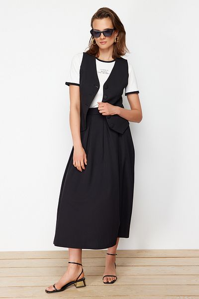 Trendyol Modest Fustă neagră Plisată țesută TCTAW24EE00011