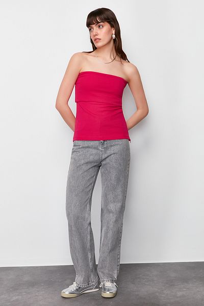 Trendyol Collection Φούξια στράπλες γιακάς με φερμουάρ στο πλάι κρεπ πλεκτή μπλούζα TWOSS23BZ00928