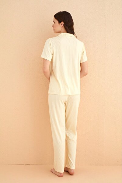 MEBA Milan Short Sleeve Yellow Striped Patterned Front Buttoned Shirt Pajamas Set