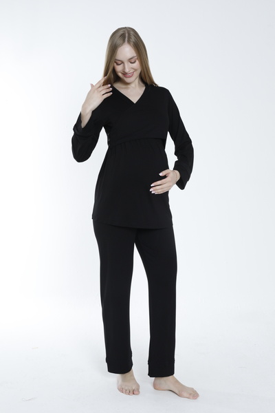 Miss Dünya Lissa Black Long Sleeve Maternity and Pregnant Pajamas Set Suitable for Breastfeeding