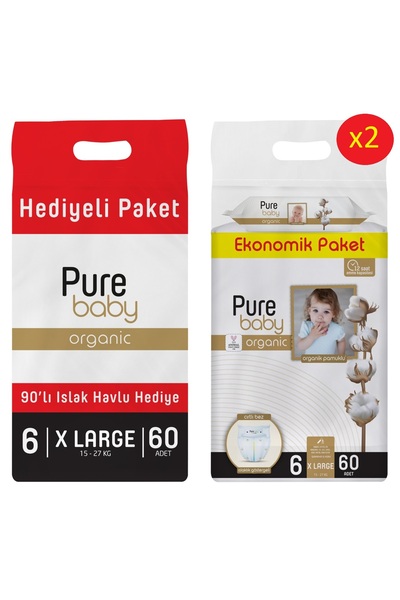 Pure Baby Organik Bebek Bezi Cırtlı 6 Beden Maxi 15-27 Kg 60x2 (120 ADET) Isl...