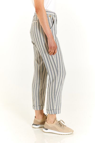 U.S. Polo Assn. SEGON High Waist Double Leg Side Pocket Striped Linen Blended Carrot Fit Women's Trousers