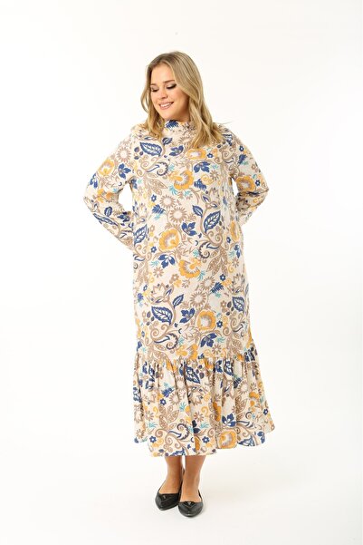 CANSELLBUTİKK BÜYÜK BEDEN  Kemerli,gizli fermuarlı,kolları lastikli, pileli Şal Desen Elbise (46-48-50-52-54)