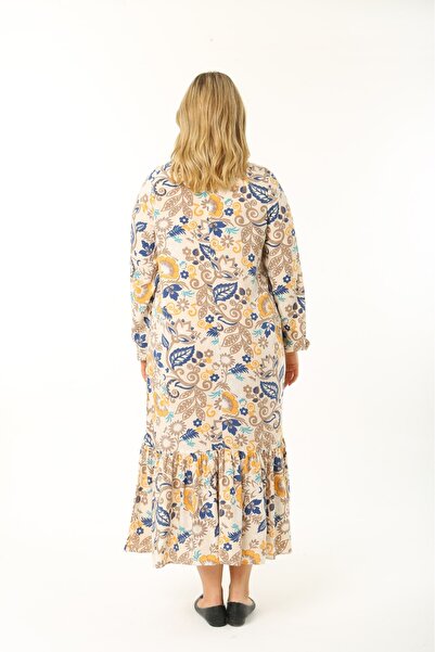 CANSELLBUTİKK BÜYÜK BEDEN  Kemerli,gizli fermuarlı,kolları lastikli, pileli Şal Desen Elbise (46-48-50-52-54)