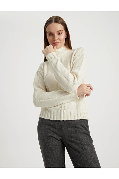 FEMİAS Premium Series Ecru Wool Knitted Pattern Sweater